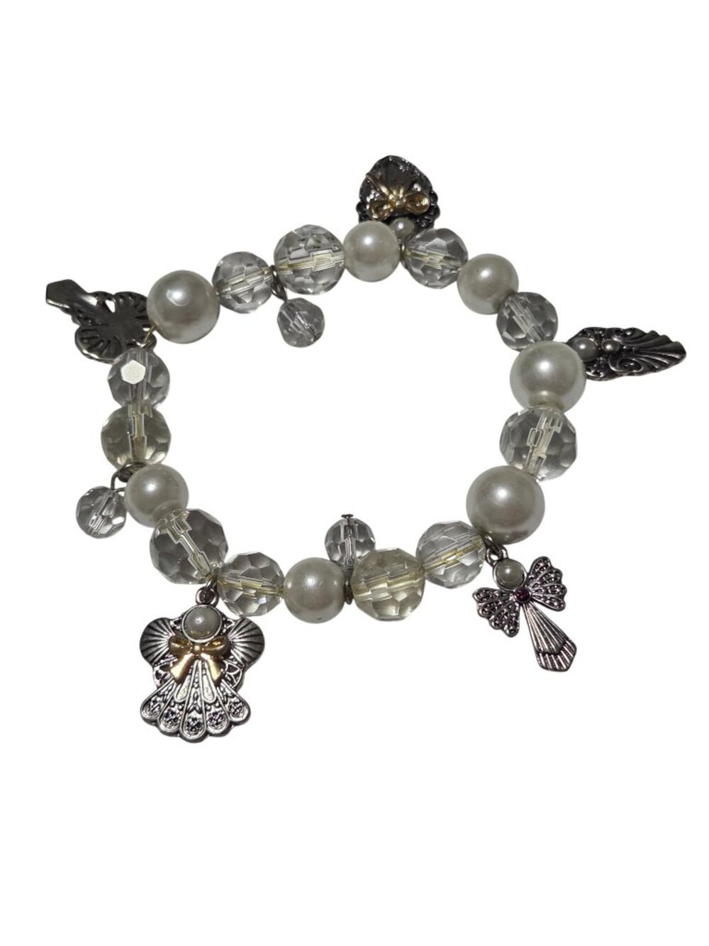Angel Charm Bracelet Faux Pearls Crystal Beads Angelcore Cottagecore Jewelry
